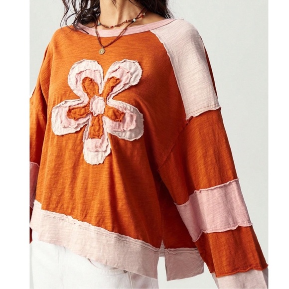 Boho Color Block Floral Patch Reverse Stitch Oversized Long Sleeve Top S M L XL - Picture 5 of 5